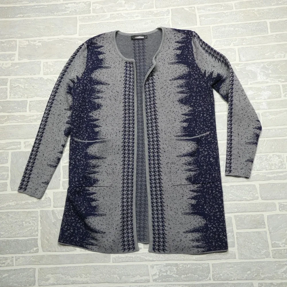 Creation‎ Sweater Womens Large Long Cardigan Gray Blue Angora Blend Pockets